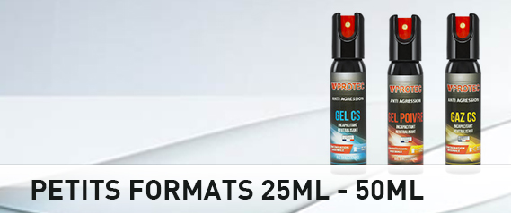 Bombe lacrymogène au gel, au gaz, au gel au poivre ou décontaminant de  différent format (aérosol classique, pistolet lacrymogène) et de différente  taille (25ml, 50ml, 75ml, 100ml, 500ml).