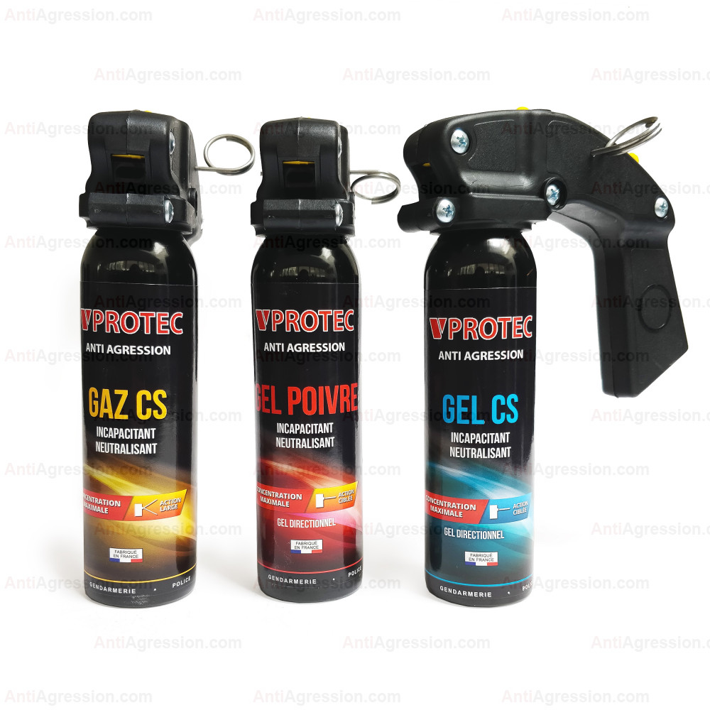 Pack 3 extincteurs lacrymogènes Gaz/Gel/Poivre 100ml VPROTEC