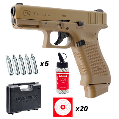 Pack pistolet à billes Glock 19X cal. 6mm C02 1.6 joules - couleur COYOTE
